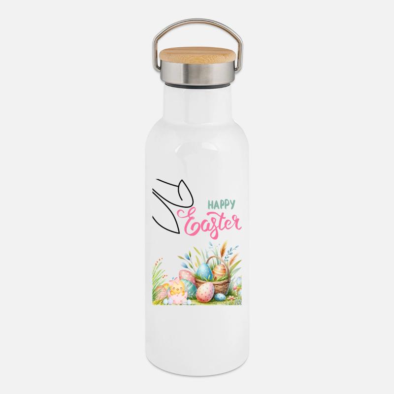 Pastel Easter Basket and Eggs - Thermal Bottle with Bamboo Lid - white