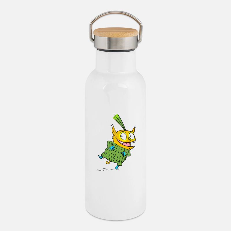 Fröhlicher Monster im Grünen Pullover - Thermosflasche mit Bambusdeckel - Weiß