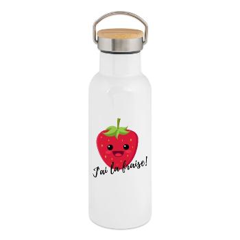j' ai la fraise ! - Gourde isotherme avec bouchon en bambou - blanc - Droite