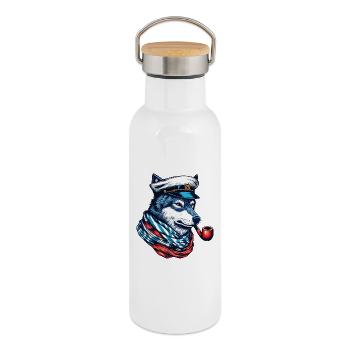 Seewolf Wolf Wölfe - Thermosflasche mit Bambusdeckel - Weiß - Rechts