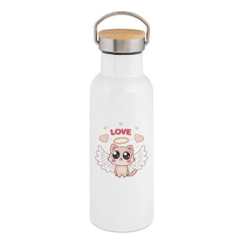 Chat Angélique ailé et cœur - Gourde isotherme avec bouchon en bambou - blanc - Droite