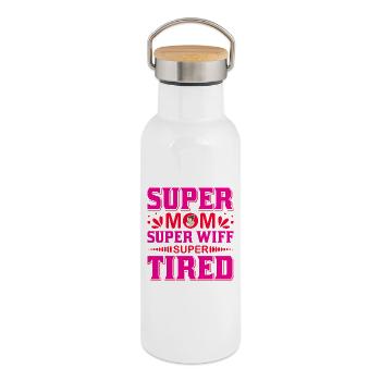 Super Mom Super Wife Super Tired Funny Shirt - Thermal Bottle with Bamboo Lid - white - Right
