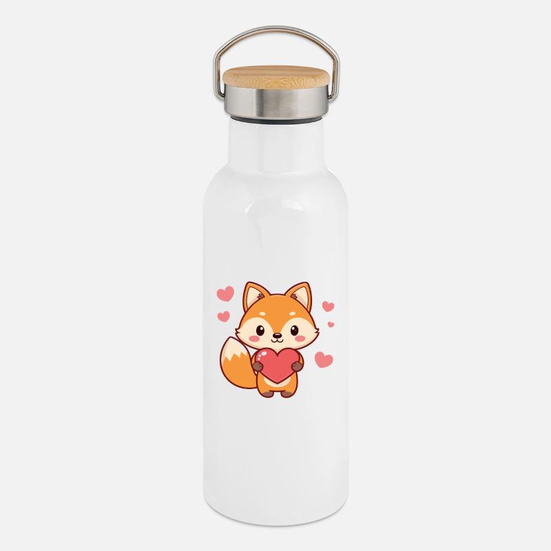Renard Kawaii Cœurs - Gourde isotherme avec bouchon en bambou - blanc