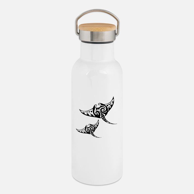 Zwei Rochen - Thermosflasche mit Bambusdeckel - Weiß