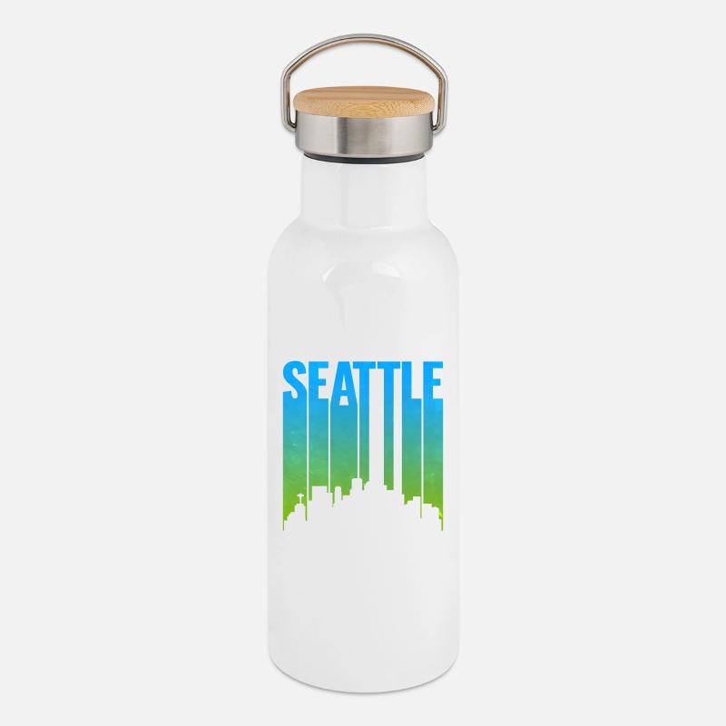 Estampe d’art au néon de la Skyline de Seattle - Gourde isotherme avec bouchon en bambou - blanc