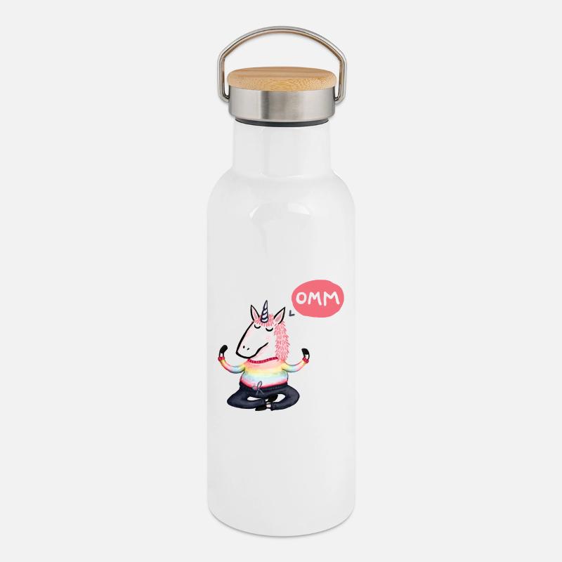 Yoga Einhorn omm - Thermosflasche mit Bambusdeckel - Weiß