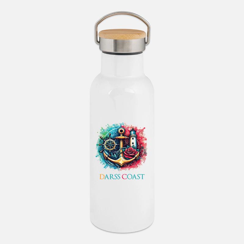 DarssCoast - Wellen Möwe Anker Grafik - Thermosflasche mit Bambusdeckel - Weiß
