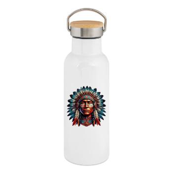 Amérindien Peau rouge d’Amérique - Gourde isotherme avec bouchon en bambou - blanc - Droite