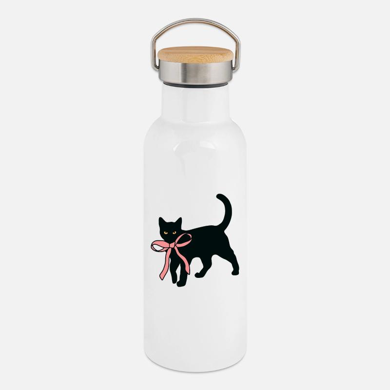 Schwarze Katze mit Fliege - Thermosflasche mit Bambusdeckel - Weiß