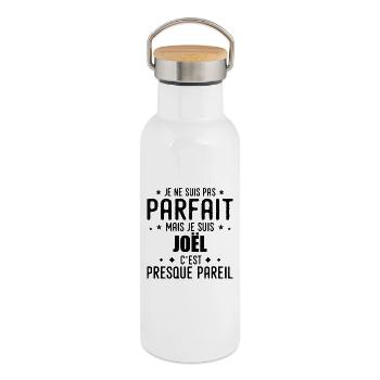 Joel : authentique, imparfait, top, perfection - Gourde isotherme avec bouchon en bambou - blanc - Droite
