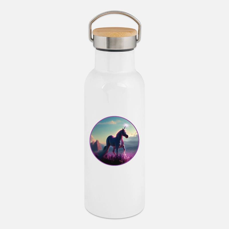 Licorne - Gourde isotherme avec bouchon en bambou - blanc