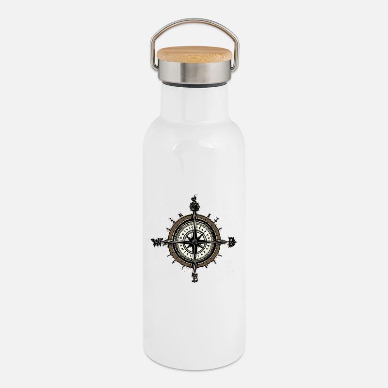 Kompass - Thermosflasche mit Bambusdeckel - Weiß
