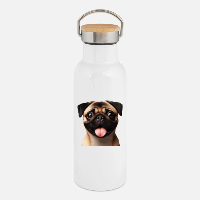 Ein glücklicher Mops - Thermosflasche mit Bambusdeckel - Weiß