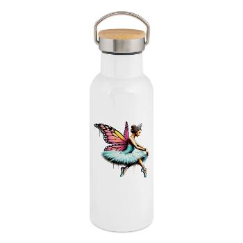Ballerina mit Schmetterlingsflügeln, Schmetterlingen, Tutu - Thermosflasche mit Bambusdeckel - Weiß - Rechts