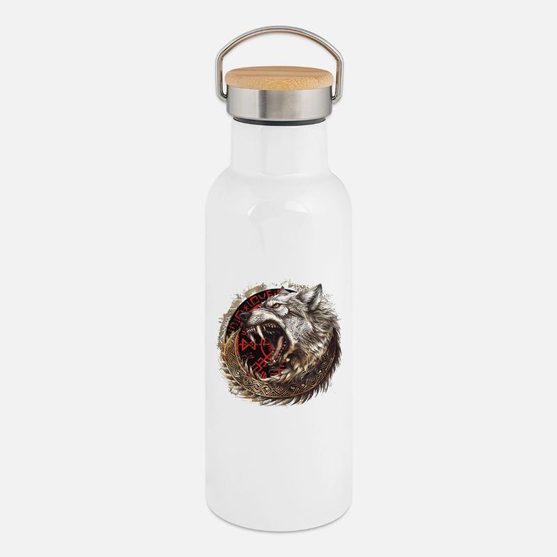 Viking Wolf Wolves Odin's Geri & Freki Valhalla - Thermal Bottle with Bamboo Lid - white
