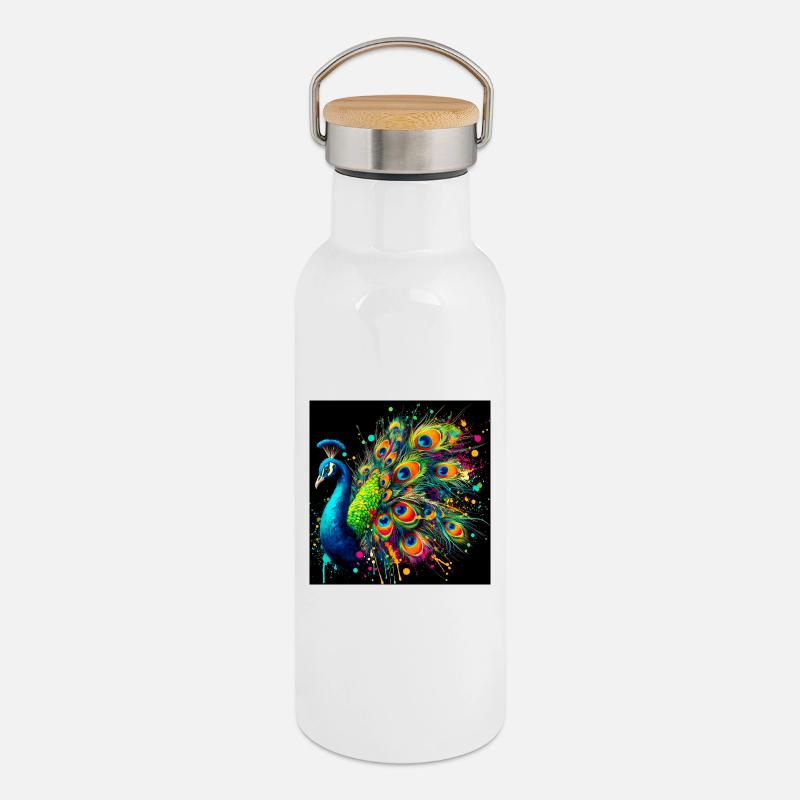 Pfau - Thermosflasche mit Bambusdeckel - Weiß