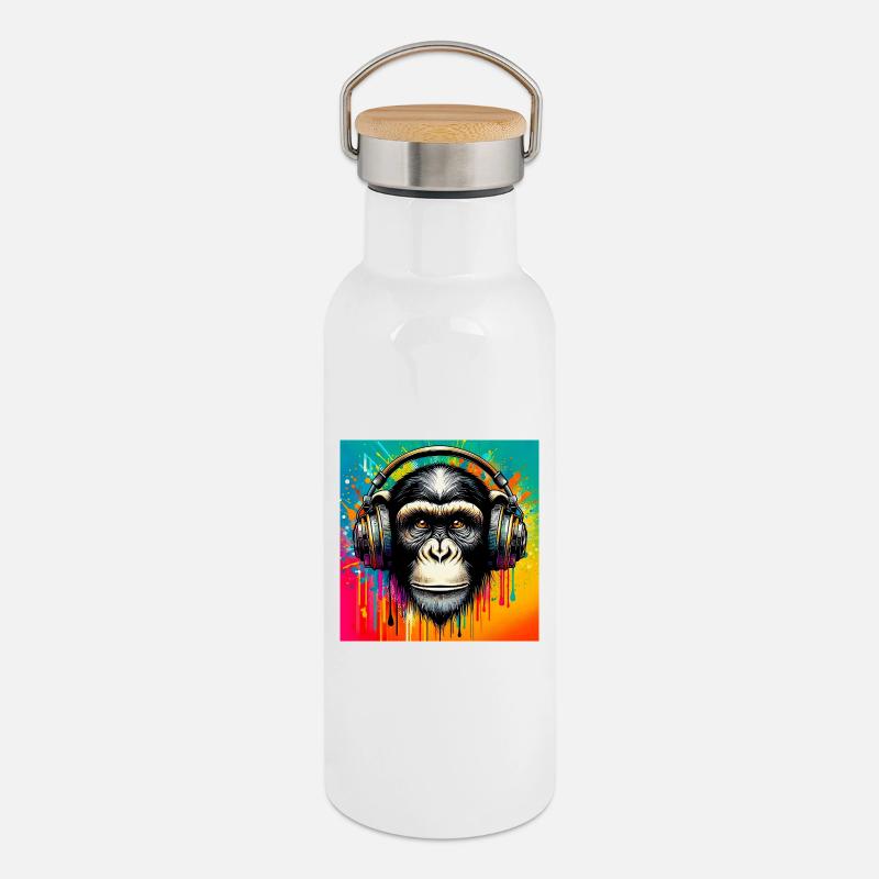 Schimpansen-Affe - Thermosflasche mit Bambusdeckel - Weiß