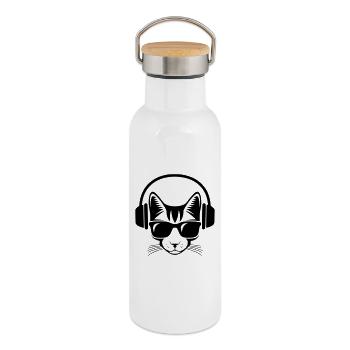 chat casque de musique et lunette de soleil - Gourde isotherme avec bouchon en bambou - blanc - Droite