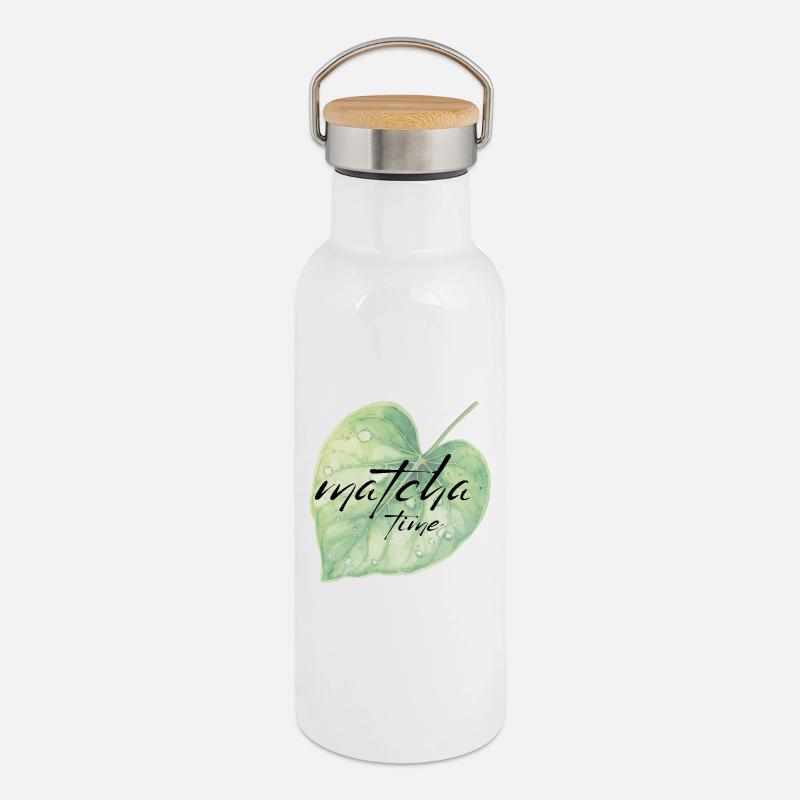 Matcha, Leaf, Green, Time - Thermal Bottle with Bamboo Lid - white