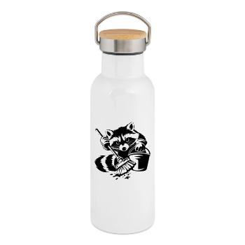 Raccoon with bucket & mop - Thermal Bottle with Bamboo Lid - white - Right