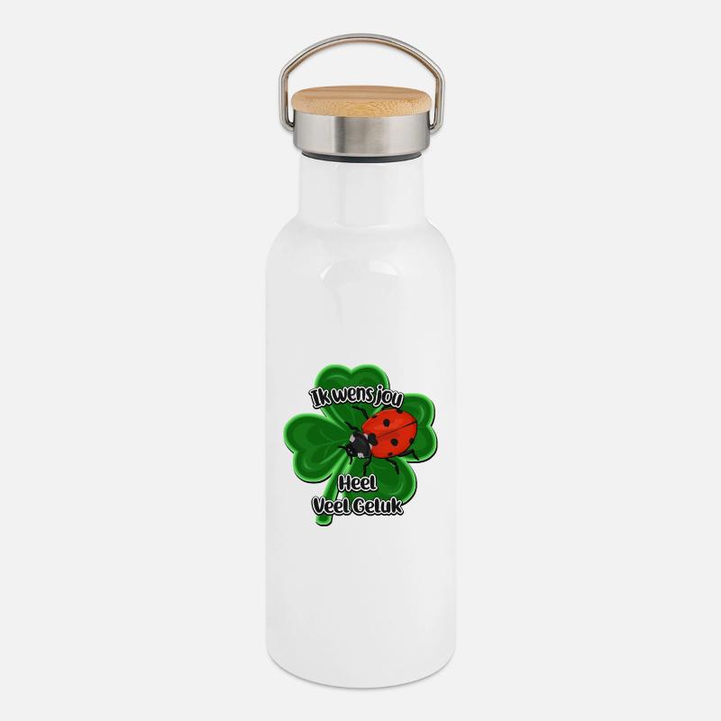 Glücklicher Marienkäfer auf Klee Vier - Thermosflasche mit Bambusdeckel - Weiß