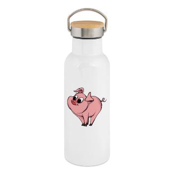Conception de dessin animé de cochon ludique - Gourde isotherme avec bouchon en bambou - blanc - Droite