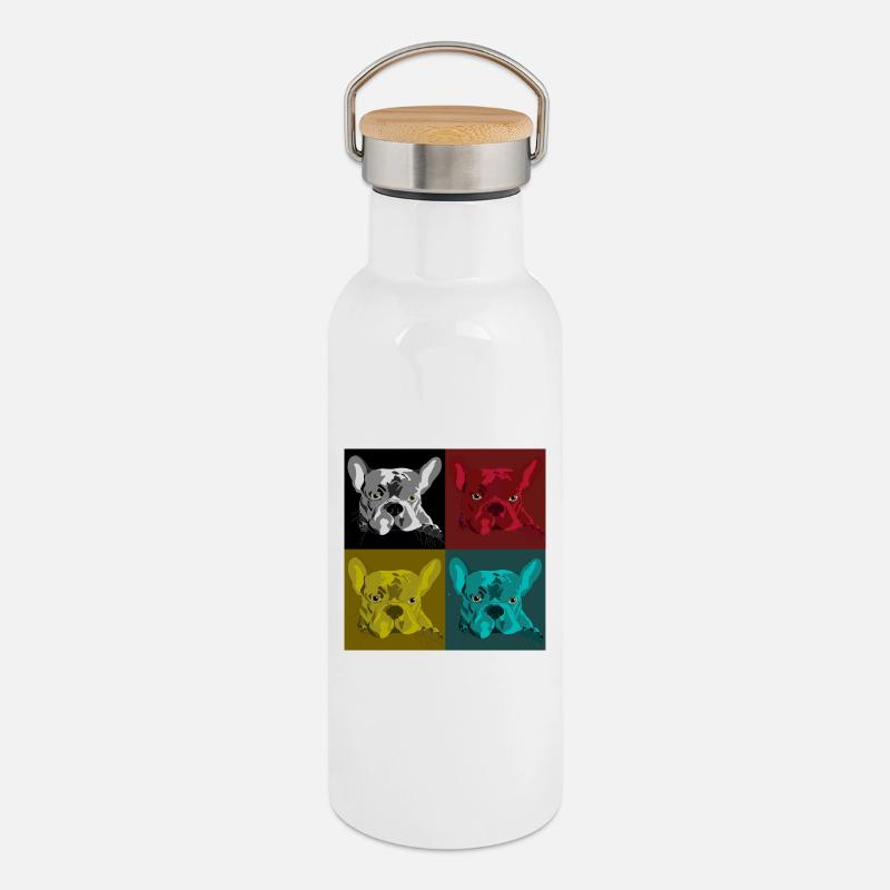 Frenchie Pop Art Quatre Couleurs - Gourde isotherme avec bouchon en bambou - blanc
