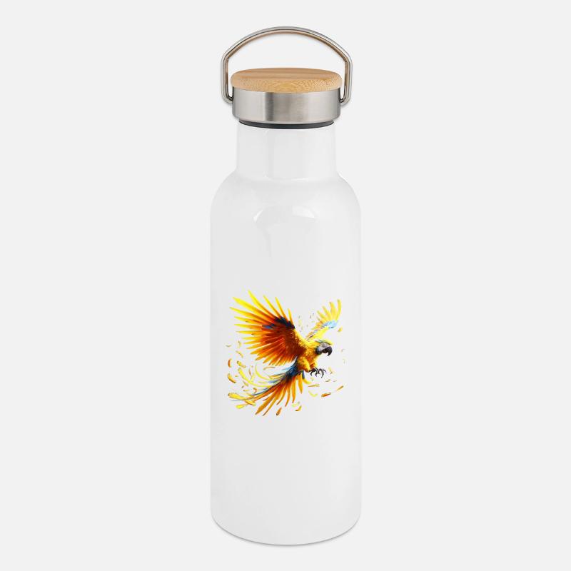Macaw (01) - Thermal Bottle with Bamboo Lid - white