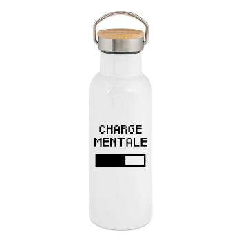 Charge Mentale – Batterie Qui se Vide - Femme - Gourde isotherme avec bouchon en bambou - blanc - Droite