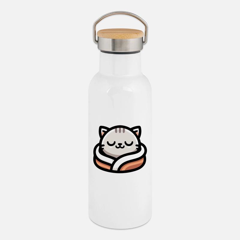 Slumber Paws: The Dreamy Tabby - Thermal Bottle with Bamboo Lid - white