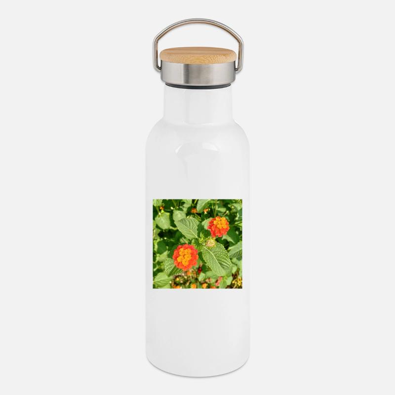 Blühender Garten – Farbenfrohe Stimmung - Thermosflasche mit Bambusdeckel - Weiß