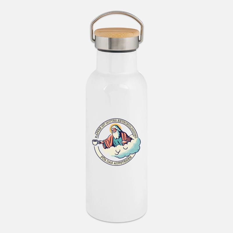 COFFEE IS GOD'S EXCUSE FOR GETTING UP - Thermal Bottle with Bamboo Lid - white