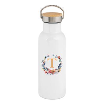 T Monogram, Couronne de fleurs, Personnalisable - Gourde isotherme avec bouchon en bambou - blanc - Droite
