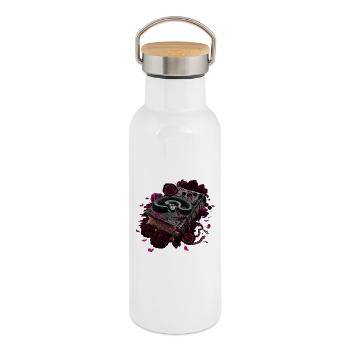 Bücher Design, Schlangen, Rosenblüten - Thermosflasche mit Bambusdeckel - Weiß - Rechts
