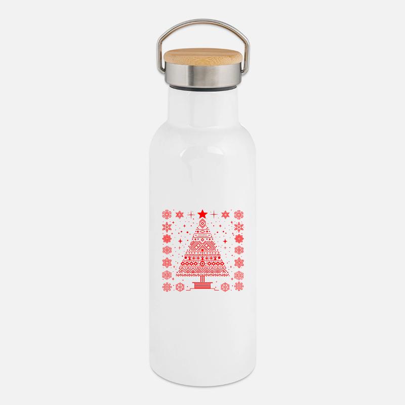 Ugly Xmas: Geometrisches Weihnachtsdesign Rot - Thermosflasche mit Bambusdeckel - Weiß