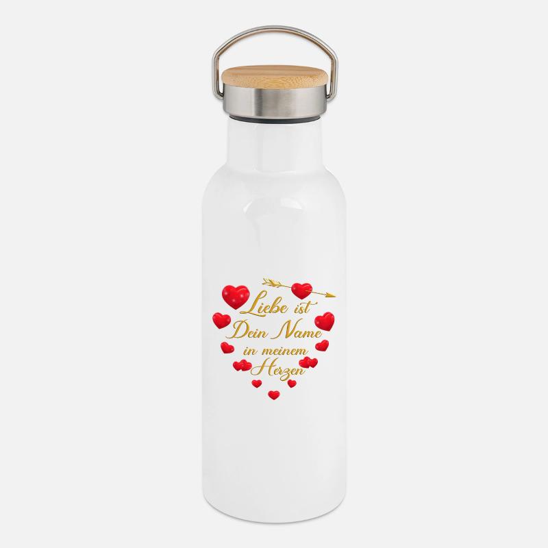 Romantisches Herz-Design - Liebe ist dein Name - Thermosflasche mit Bambusdeckel - Weiß