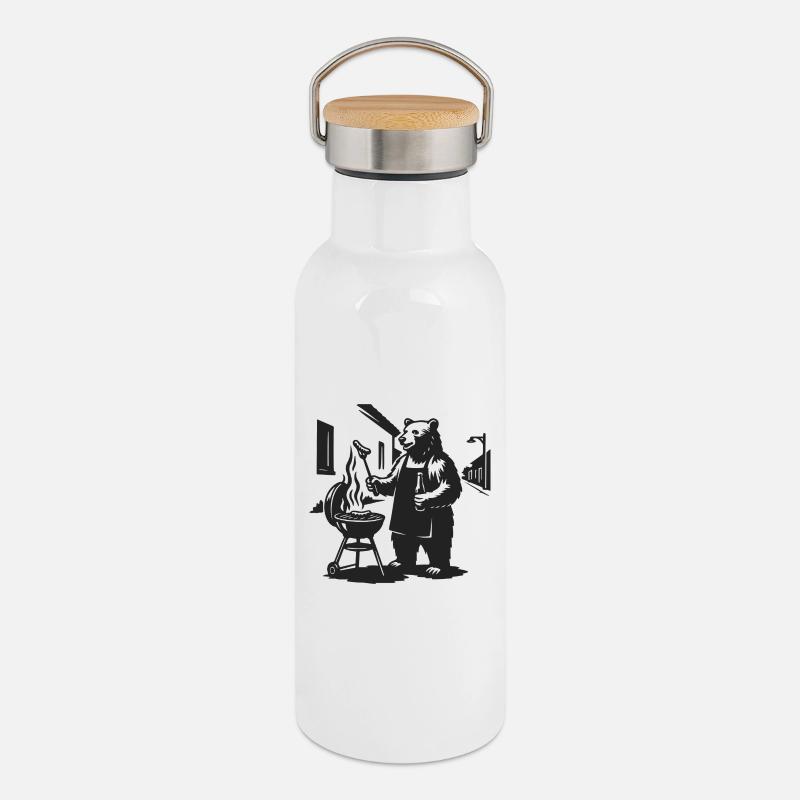 Grillmeister Bär - Thermosflasche mit Bambusdeckel - Weiß