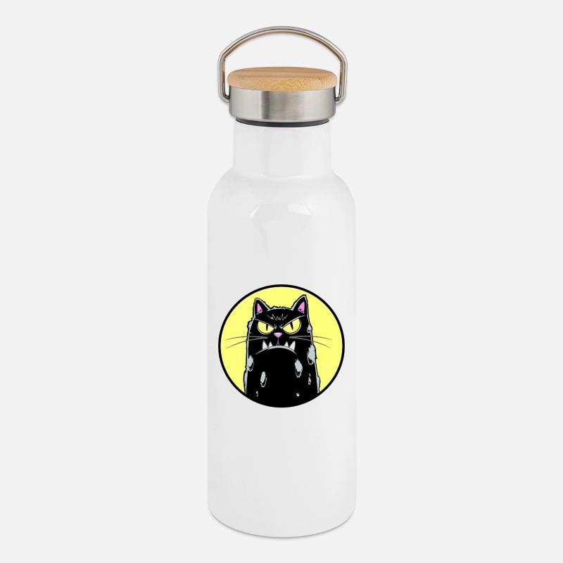 Black cat - Thermal Bottle with Bamboo Lid - white
