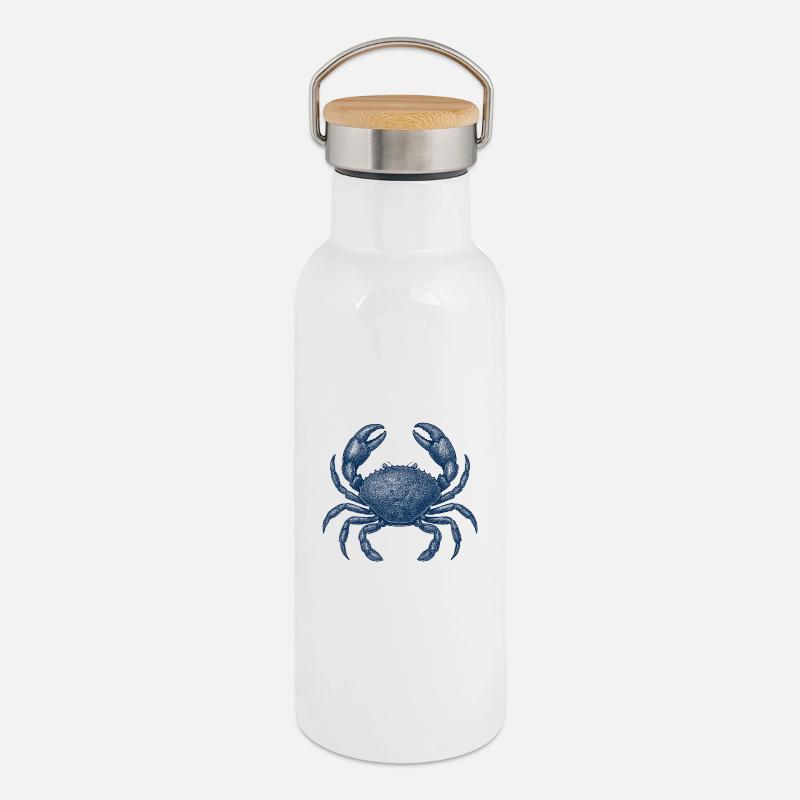 Detaillierte blaue Krabbe Illustration - Thermosflasche mit Bambusdeckel - Weiß