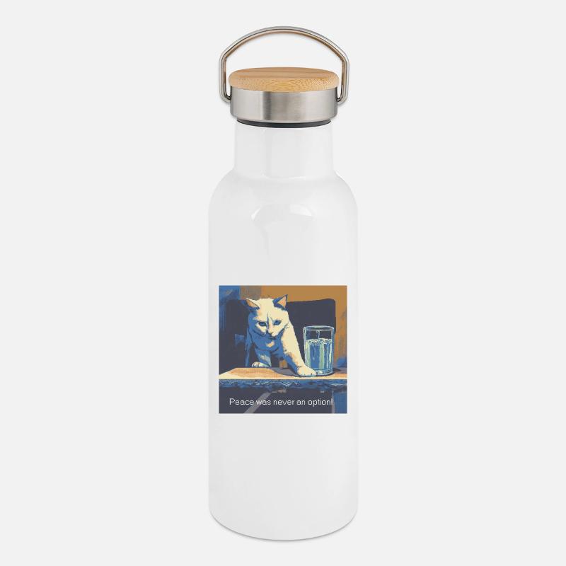 Katzenmotiv mit Friedensbotschaft - Thermosflasche mit Bambusdeckel - Weiß