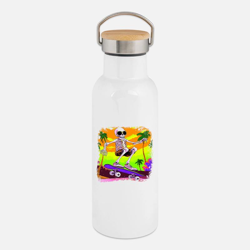 Skelett Skateboarder - Thermosflasche mit Bambusdeckel - Weiß