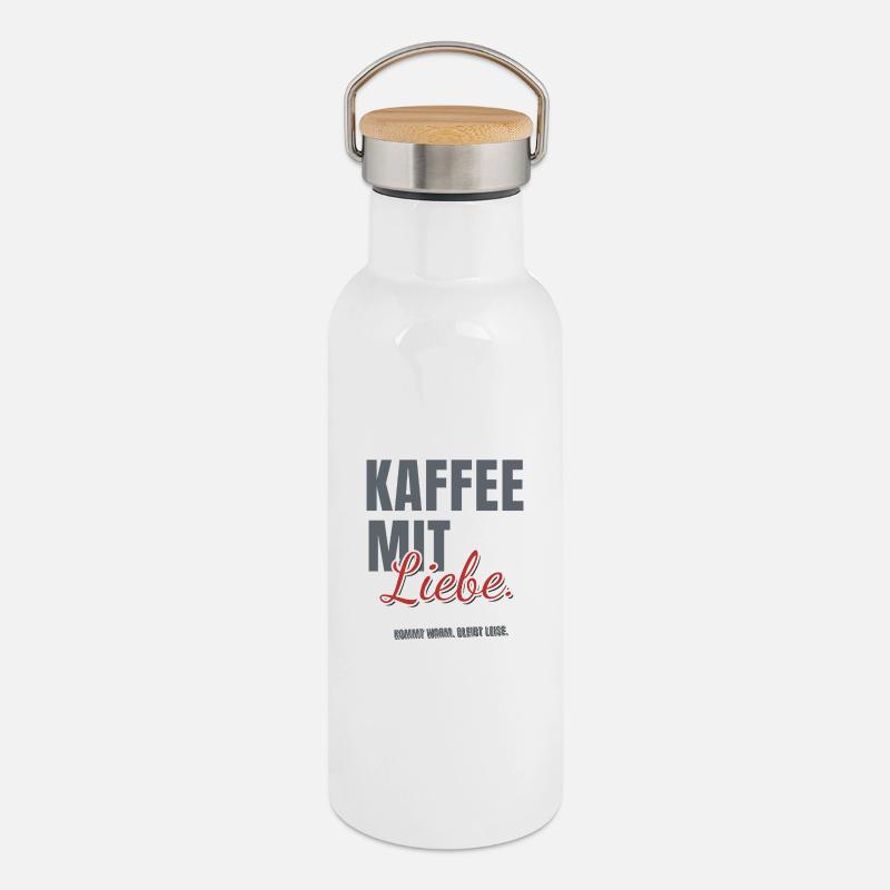 KAFFEE MIT Liebe. KOMMT WARM. BLEIBT LEISE. (hell) - Thermosflasche mit Bambusdeckel - Weiß