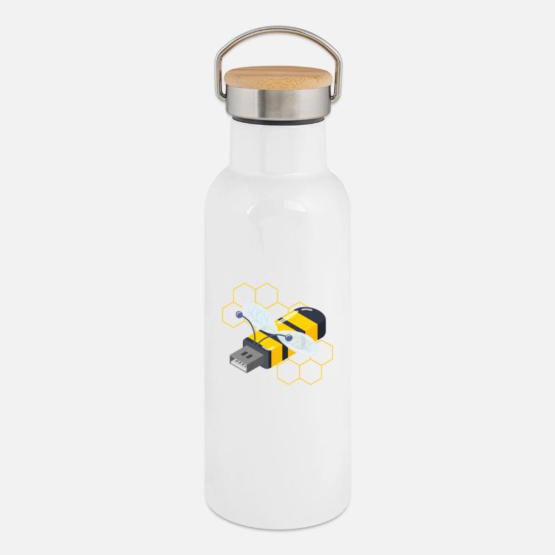 Funny USB Bee Cartoon - Thermal Bottle with Bamboo Lid - white