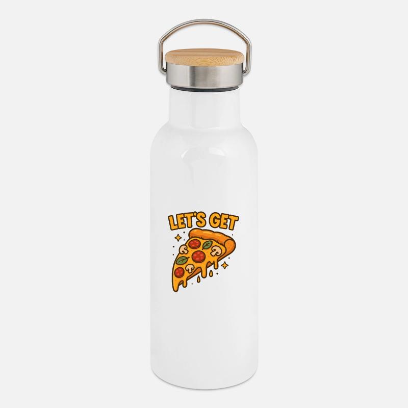 Funny Pizza Slice Let’s Get Design - Thermosflasche mit Bambusdeckel - Weiß