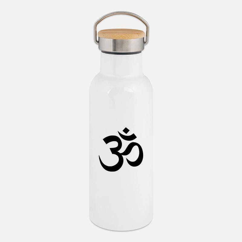 Om-Symbol - Thermosflasche mit Bambusdeckel - Weiß