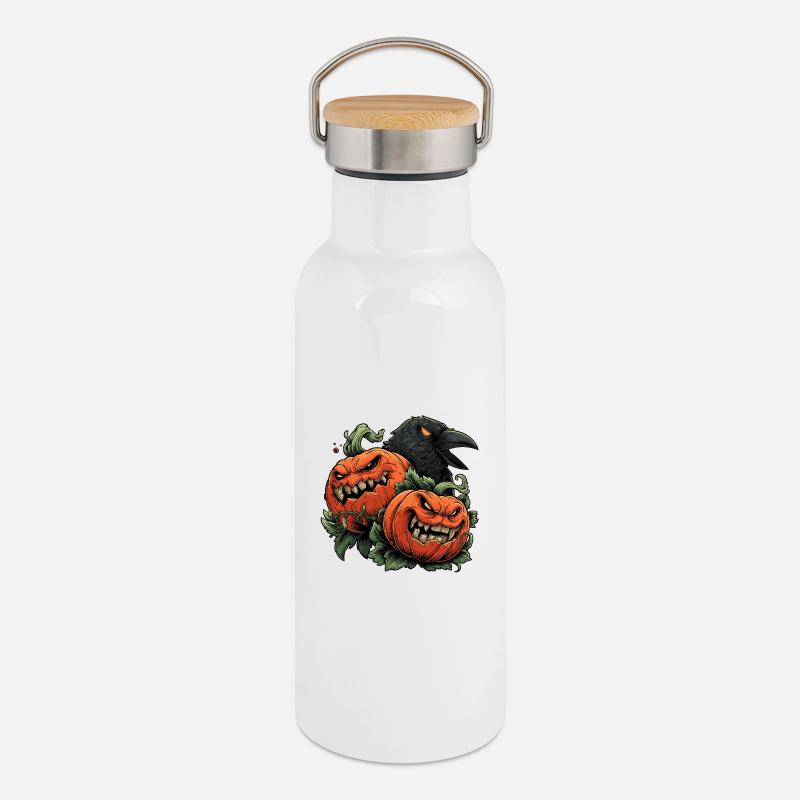 Pumpkin Duo and Crow Night - Thermal Bottle with Bamboo Lid - white