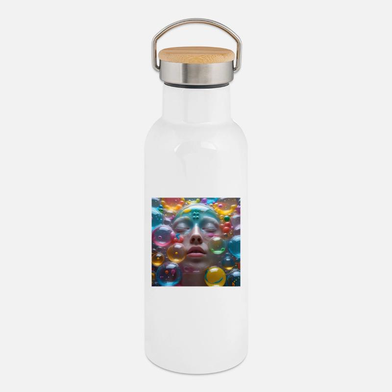 Face among Neon Bubbles - Thermal Bottle with Bamboo Lid - white