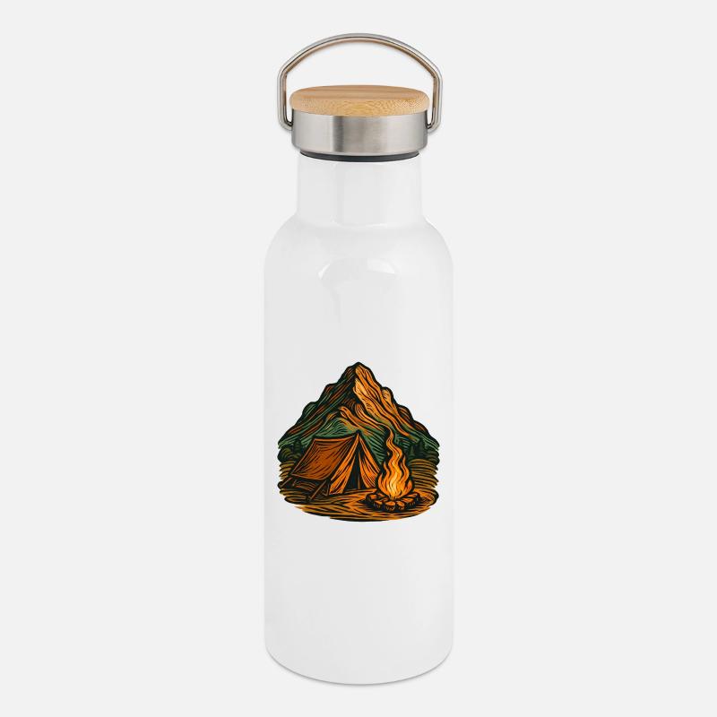 Mountain camping around the campfire - Thermal Bottle with Bamboo Lid - white