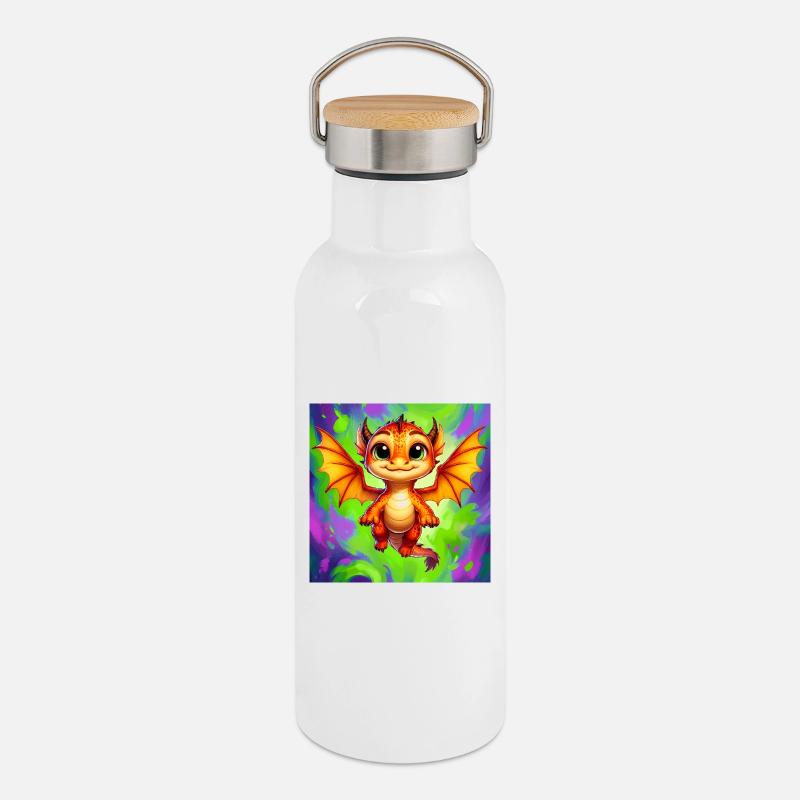 Drache - Thermosflasche mit Bambusdeckel - Weiß