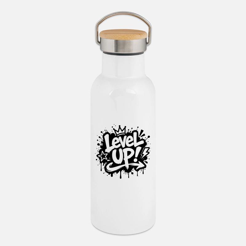 Level Up Gamer Graffiti Motif - Gourde isotherme avec bouchon en bambou - blanc